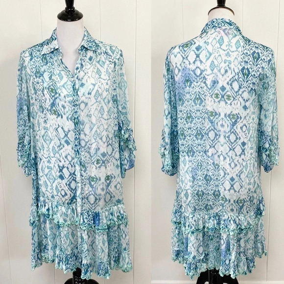 Miss June Paris Blue Green White Ikat Print Long Sleeve Embroidered Ruffle Dress - Picture 1 of 16